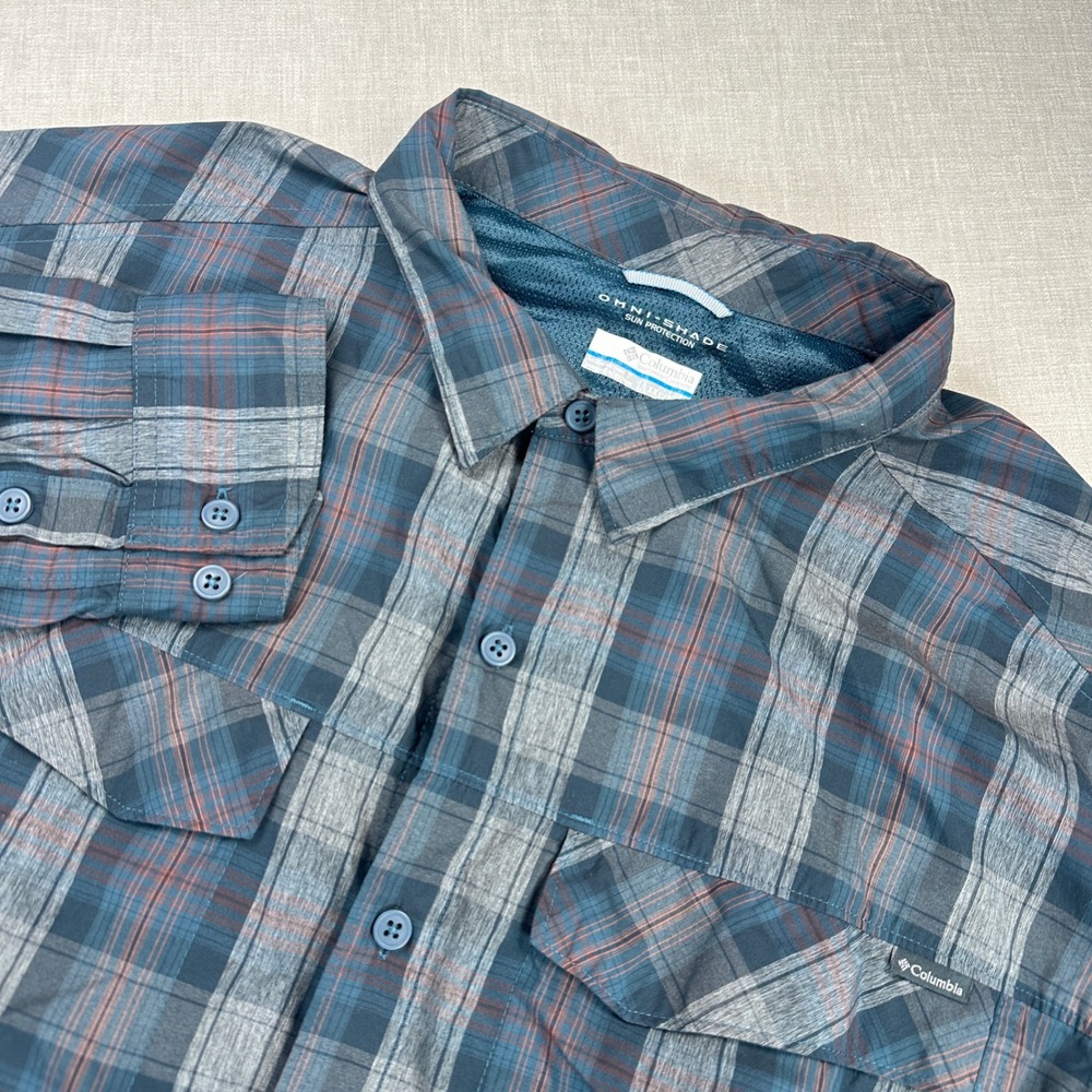 Columbia Silver Ridge Shirt Mens XXL Blue Plaid Omni-Shade Button Down AM7441